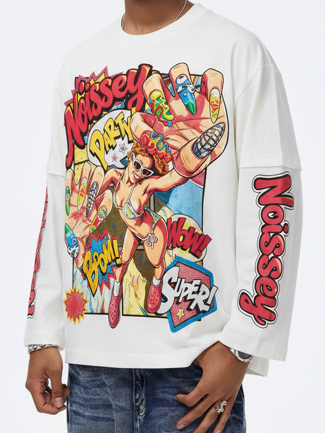 NOISSEY Pop Art Party Girl & Nail Art Faux Layer Long Sleeve T-Shirt - Pure White