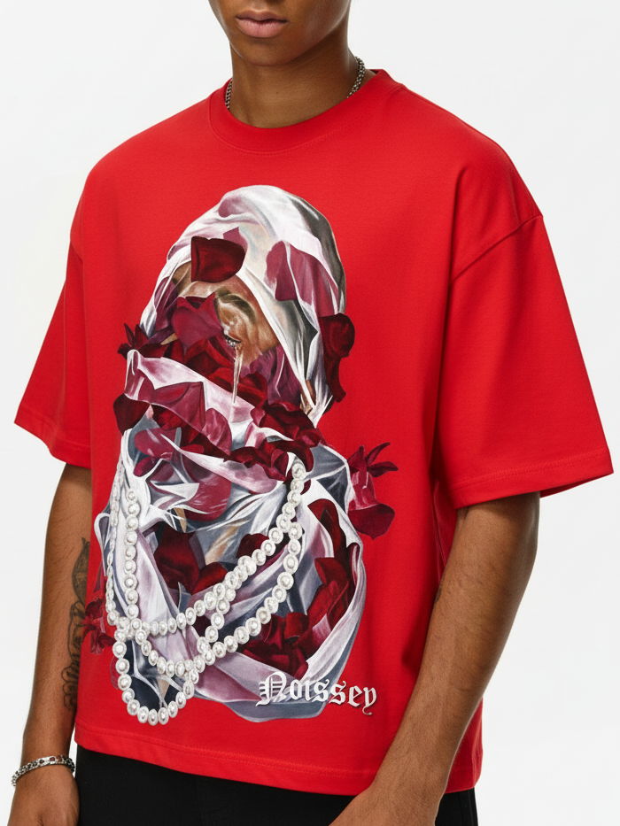 NOISSEY Veiled Rose & Pearl Portrait Red Boxy T-Shirt - Vibrant Red
