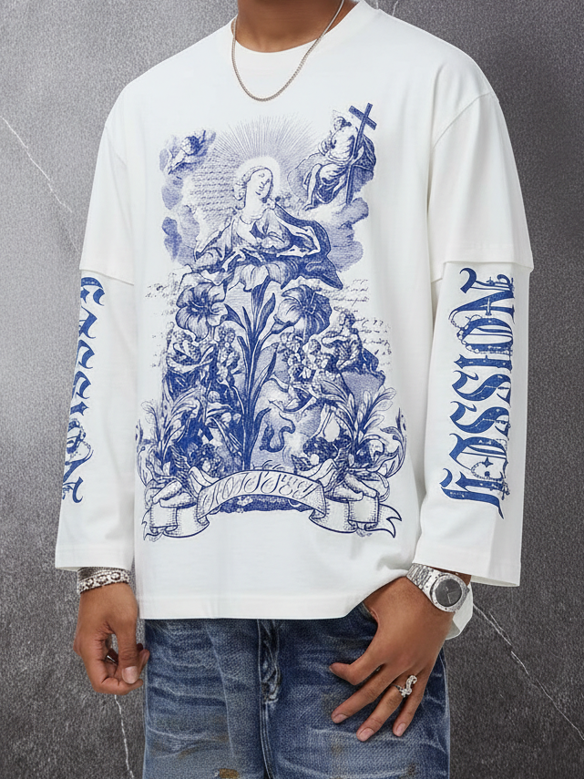 Camiseta de manga larga NOISSEY con efecto de capas, grabado a bolígrafo de la Virgen María y ángeles - Blanco puro