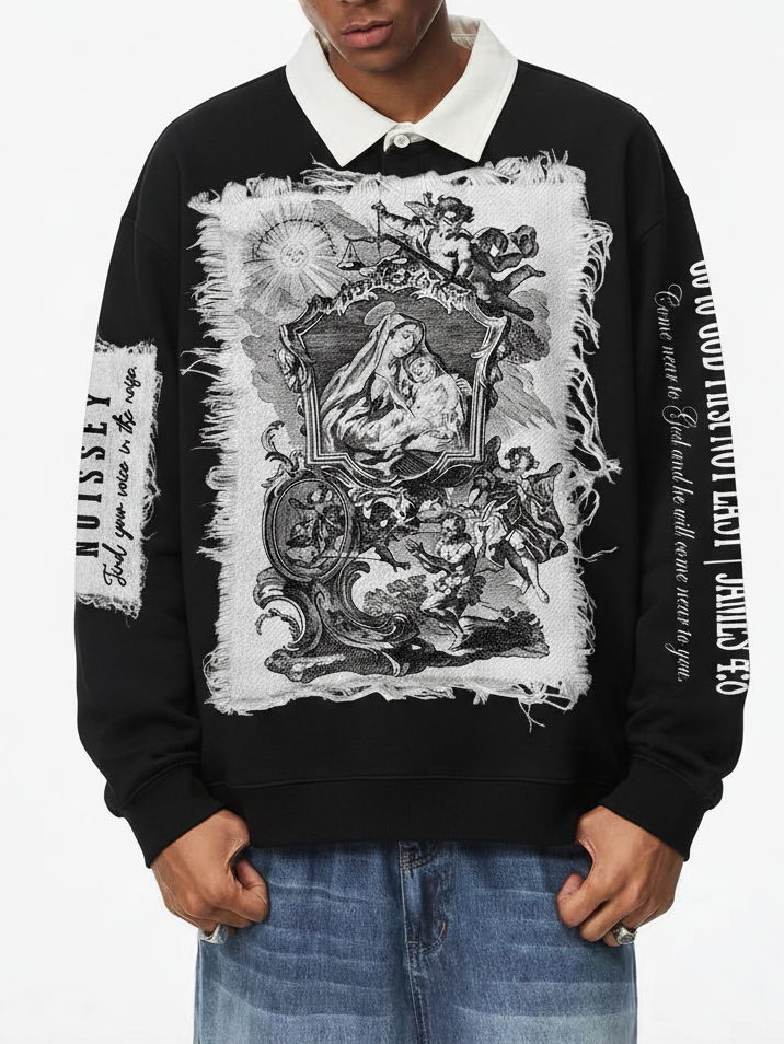NOISSEY Fray-Edge Virgin & Child Graphic Contrast Collar Polo Sweatshirt - Black Streetwear Shirt