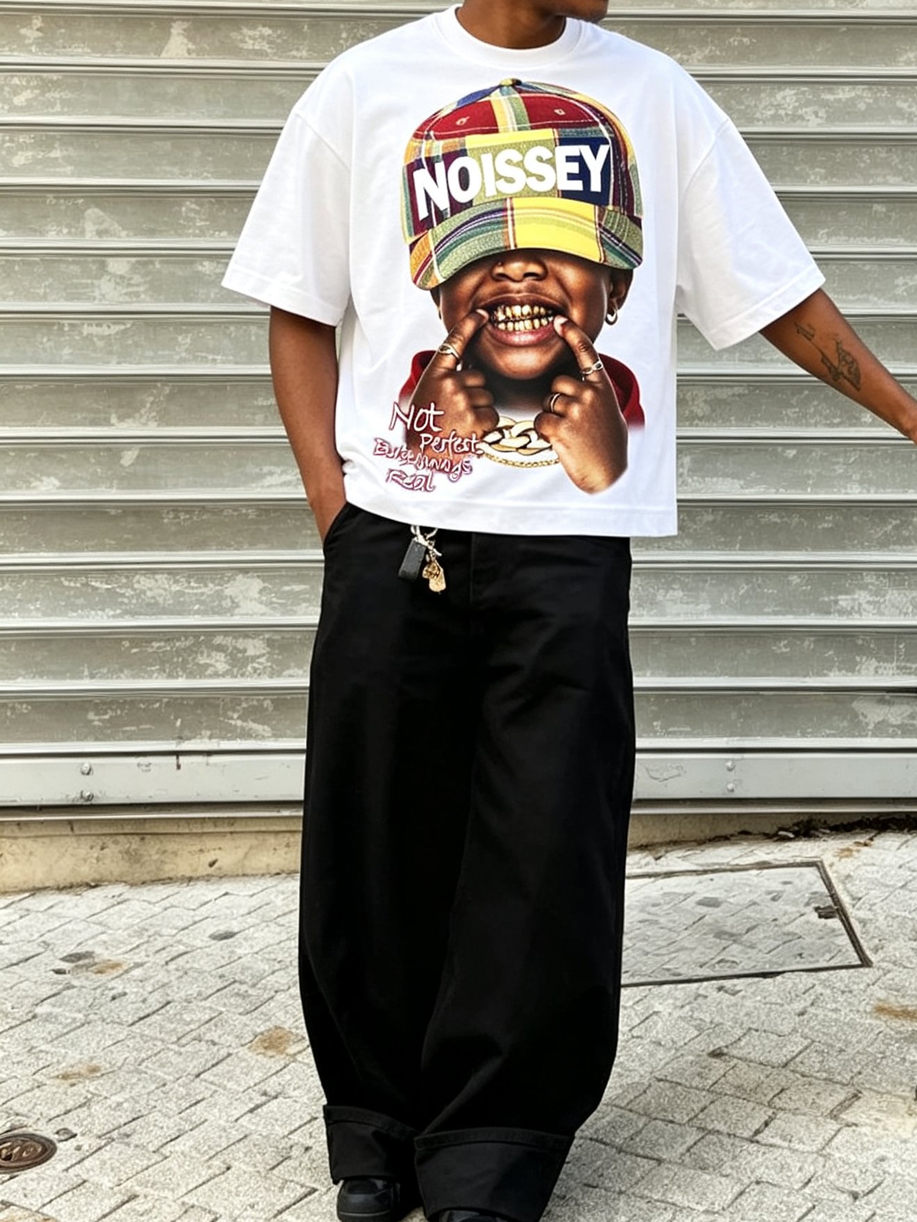 NOISSEY Always Real Plaid Cap Kid Graphic Boxy Tee - Streetwear T-Shirt