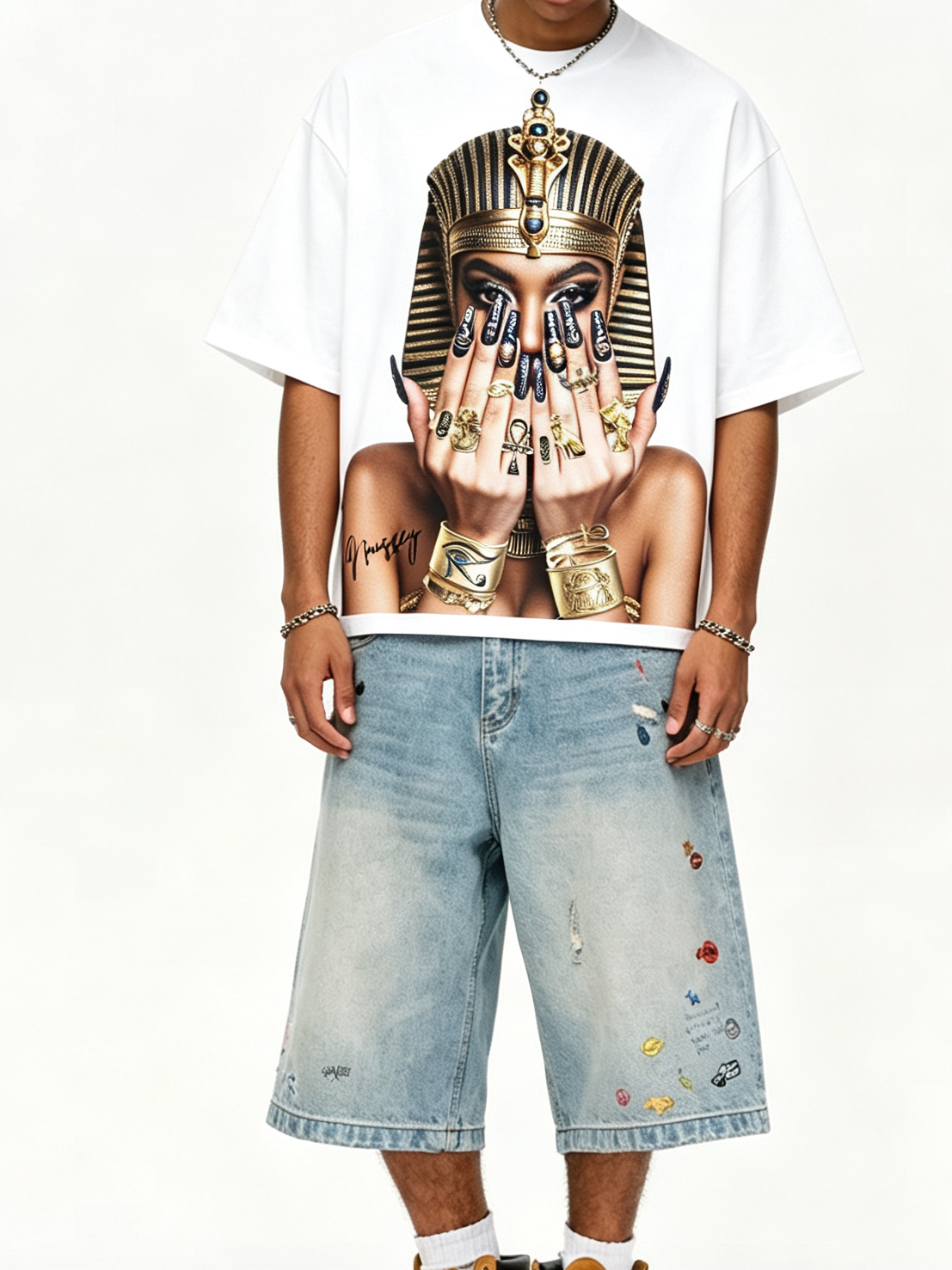 NOISSEY Ancient Egyptian Pharaoh & Cleopatra Graphic Tee - White Heavyweight Boxy Fit Streetwear Shirt