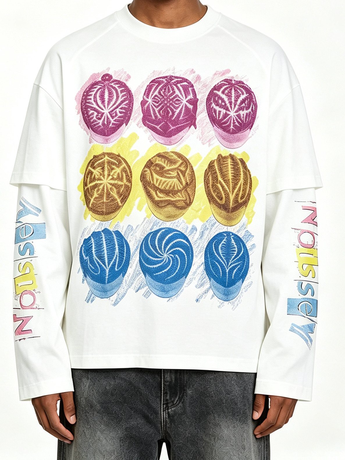 NOISSEY Braided Art Graphic Faux Two-Piece Sweatshirt - White Oversized Streetwear Crewneck