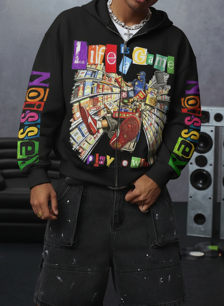 NOISSEY Pop-Art Supermarket Collage Full-Zip Hoodie - White / Black Streetwear Hoodie