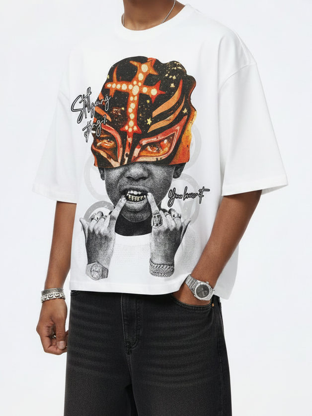 NOISSEY Lucha Mask Kid Gold Grillz Boxy Graphic Tee - White Streetwear Shirt
