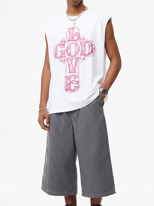 NOISSEY Pink Lace Cross "GOD IS LOVE" Graphic Oversized Tank Top - Pure White