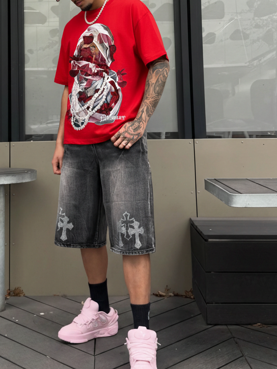 NOISSEY Veiled Rose & Pearl Portrait Red Boxy T-Shirt - Vibrant Red