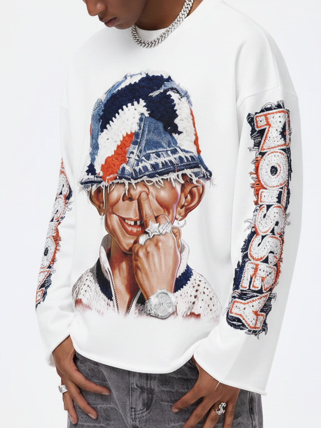NOISSEY "Bad Boy" Crochet Bucket Hat Printed Graphic Boxy Sweatshirt -  White