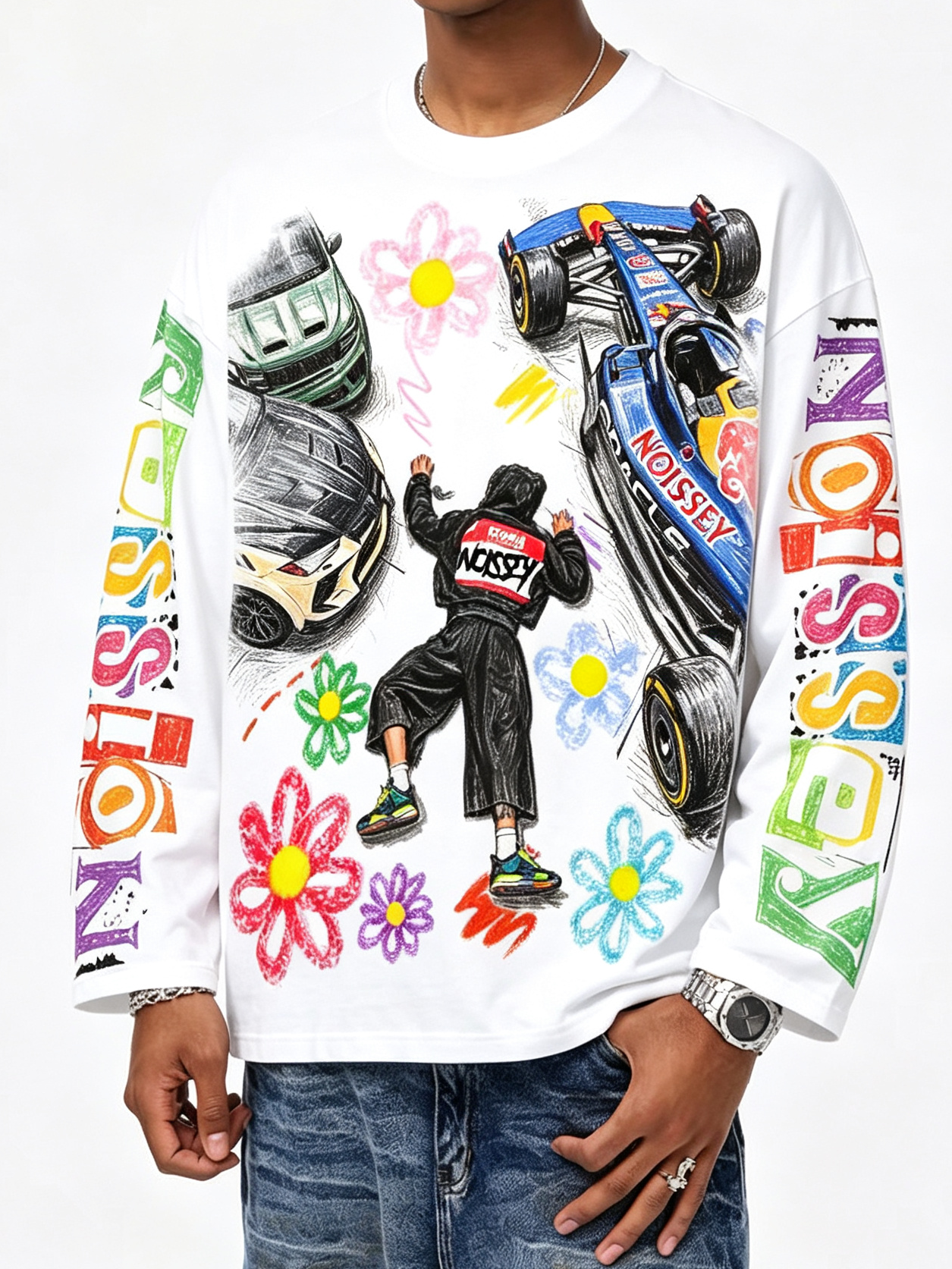 NOISSEY Falling Stars Motorsport Graffiti Art Long Sleeve Tee - White