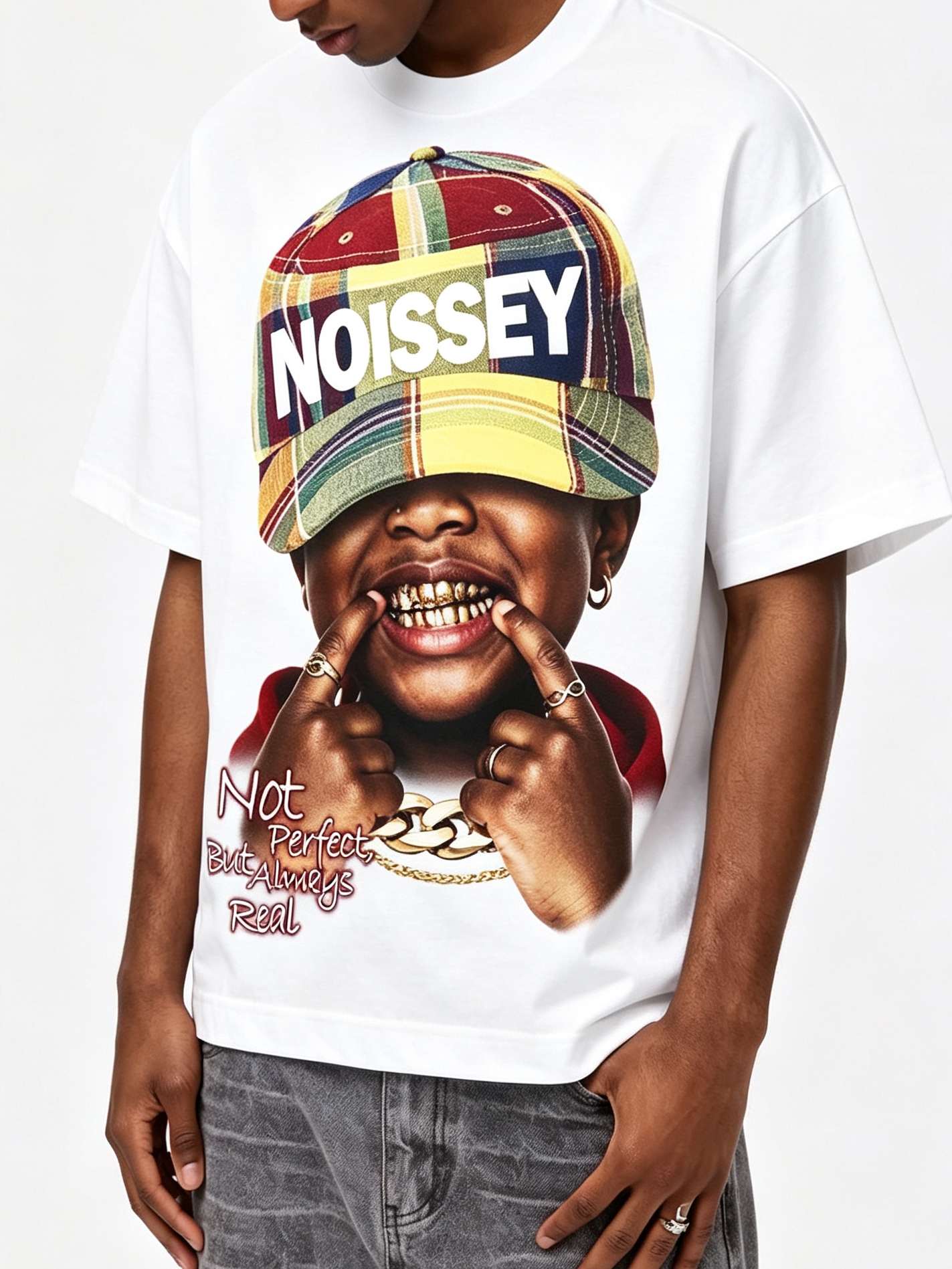 NOISSEY Always Real Plaid Cap Kid Graphic Boxy Tee - Streetwear T-Shirt