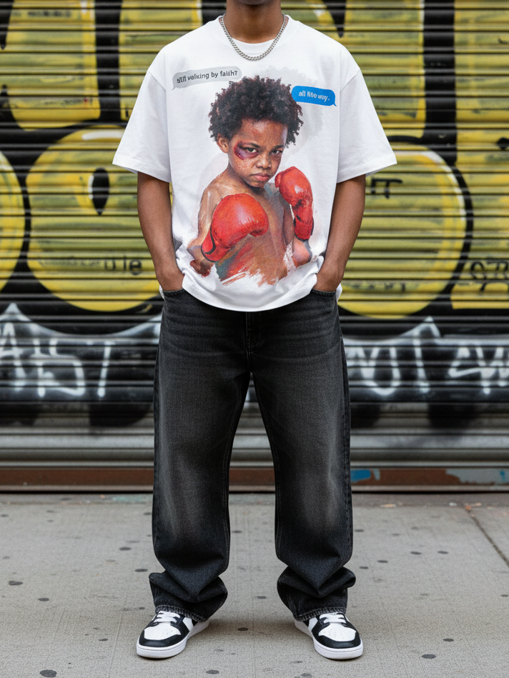 NOISSEY "Walking by Faith" Boxer Child Oil Painting Graphic Heavyweight Tee - Studio White