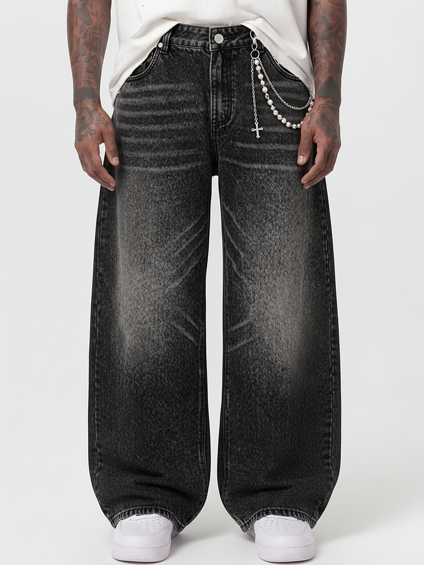 NOISSEY American Vintage Washed Whisker Curved Barrel Jeans with Pearl Cross Chain - Washed Black