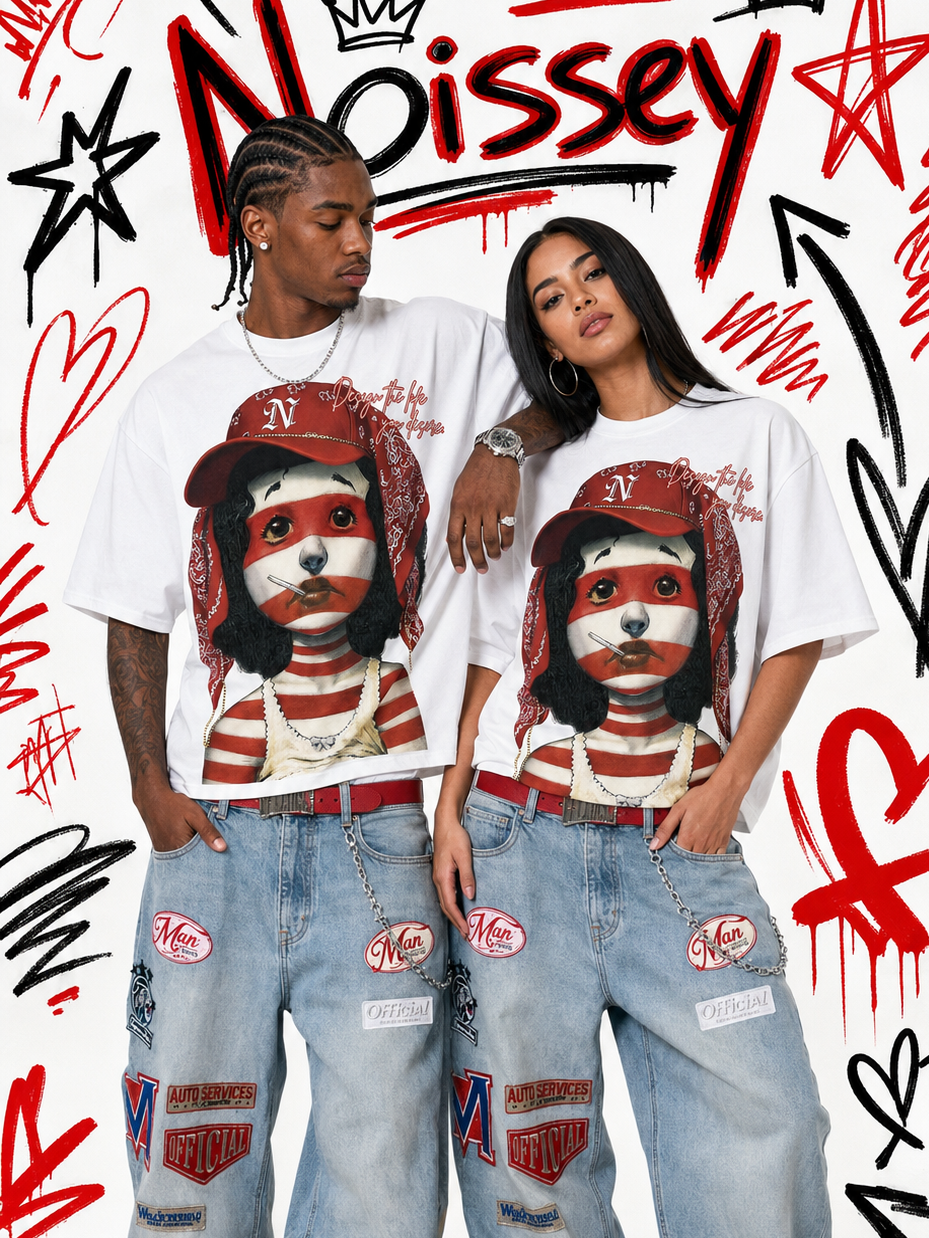 NOISSEY Red Bandana Striped Girl Oil Painting Graphic Boxy Tee - White Heavyweight Streetwear Shirt