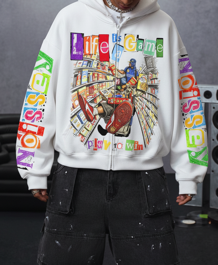 NOISSEY Pop-Art Supermarket Collage Full-Zip Hoodie - White / Black Streetwear Hoodie