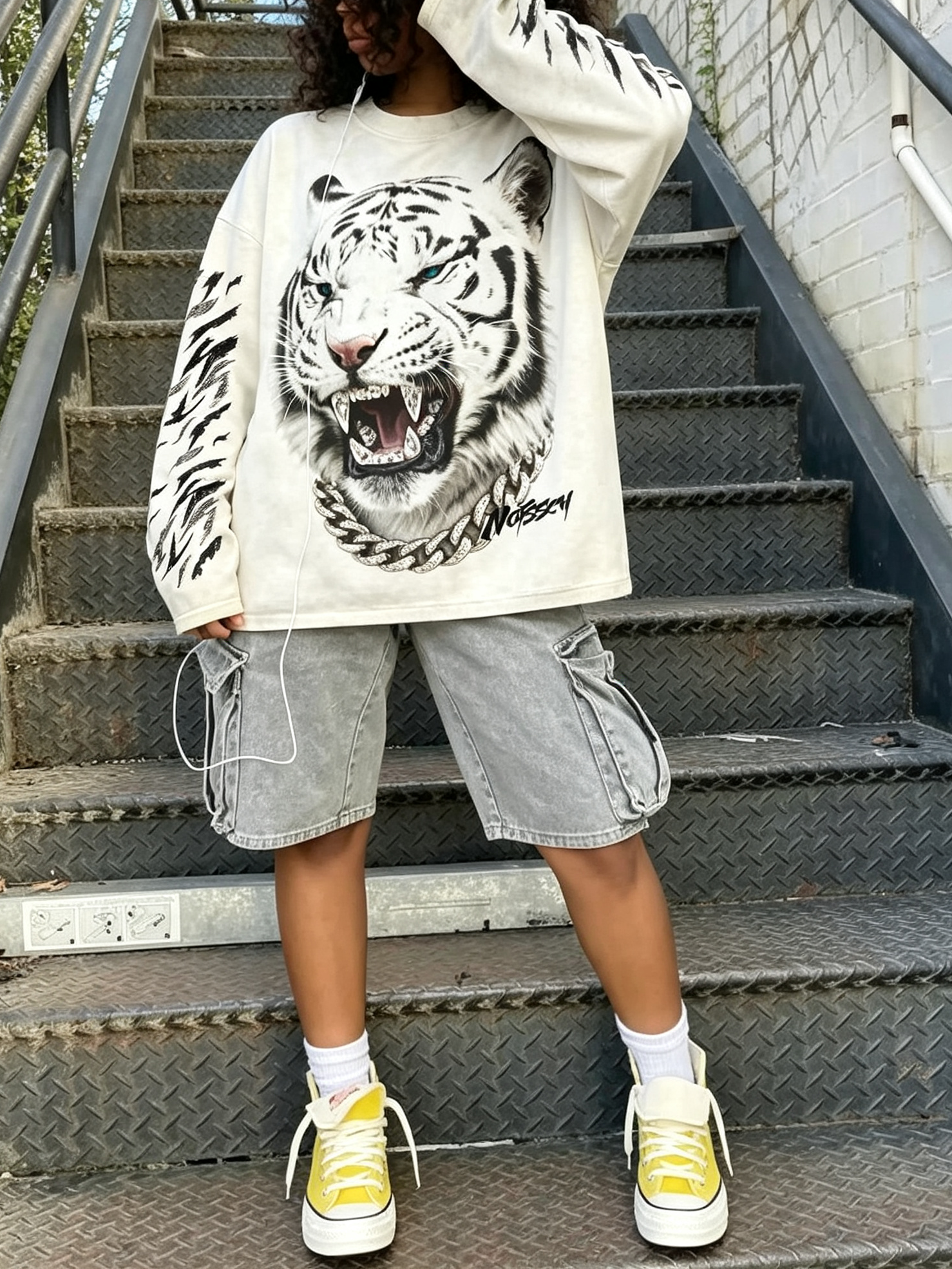 NOISSEY Iced-Out White Tiger Graphic Long Sleeves - White