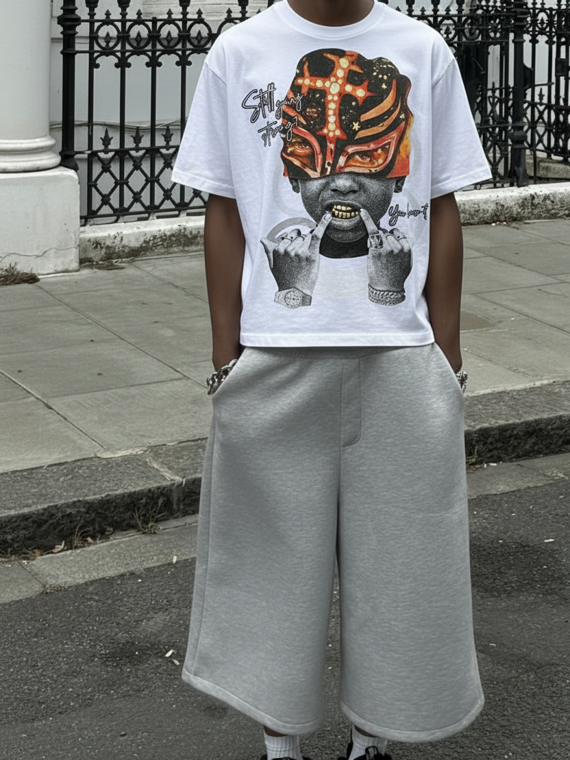 NOISSEY Lucha Mask Kid Gold Grillz Boxy Graphic Tee - White Streetwear Shirt