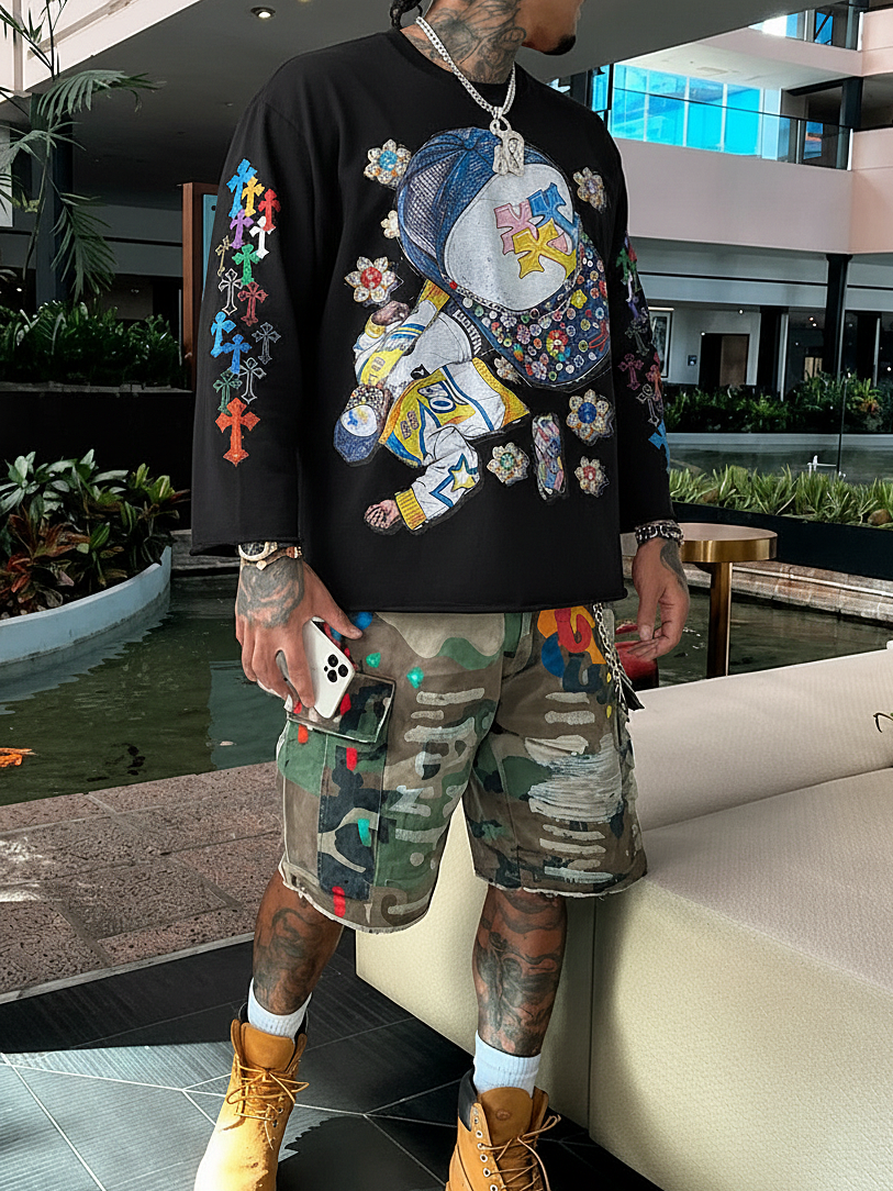 NOISSEY Hip-Hop Trucker Hat &amp; Gem Cross Graphic Long Sleeve Sweatshirt - Two Colors