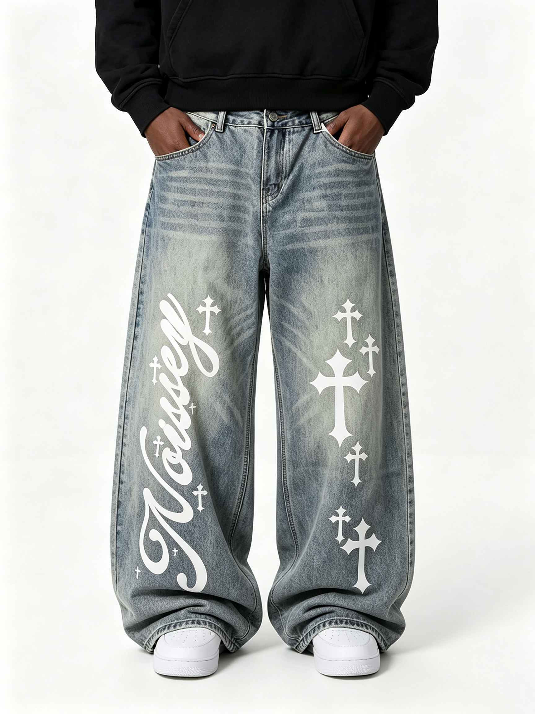 NOISSEY Vintage Washed Blue Cross Cursive Scythe Wide-Leg Jeans