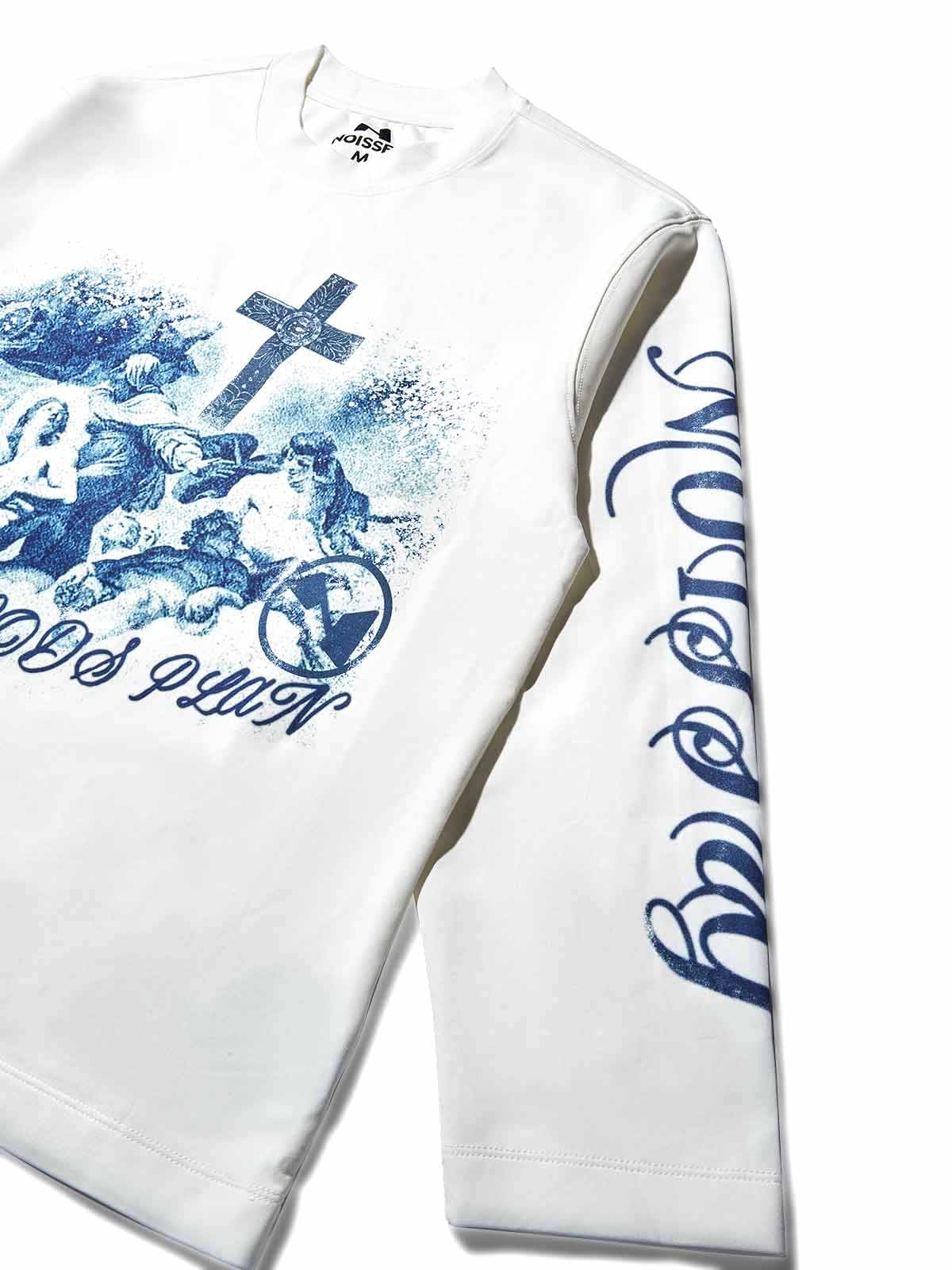 Detail of blue gothic calligraphy branding printed on the sleeves of the sweatshirt