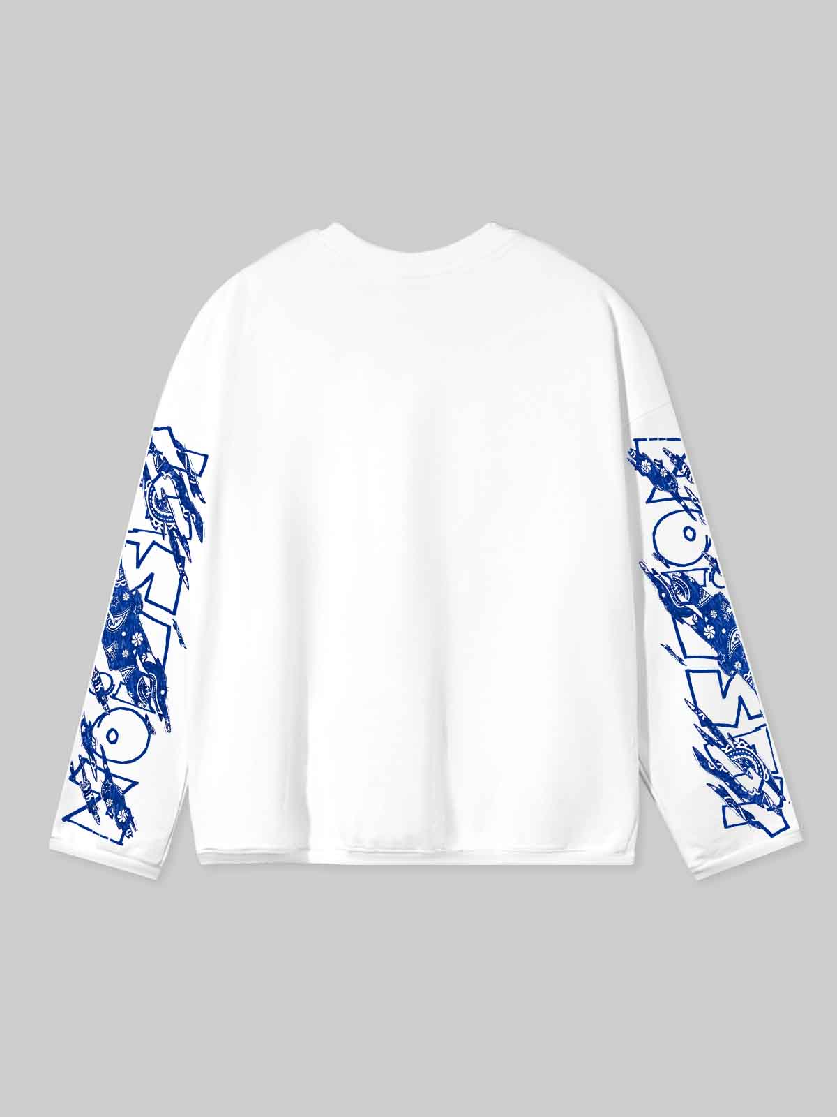 NOISSEY YOLO Blue Paisley Vintage Rap Sketch Graphic Long Sleeve - White / Black Boxy Streetwear Shirt