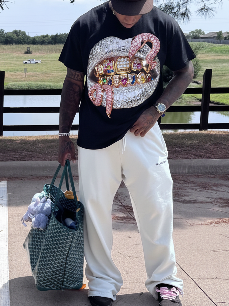 NOISSEY "Pink Snake" Black Tee - Boxy Lips Graphic T-Shirt