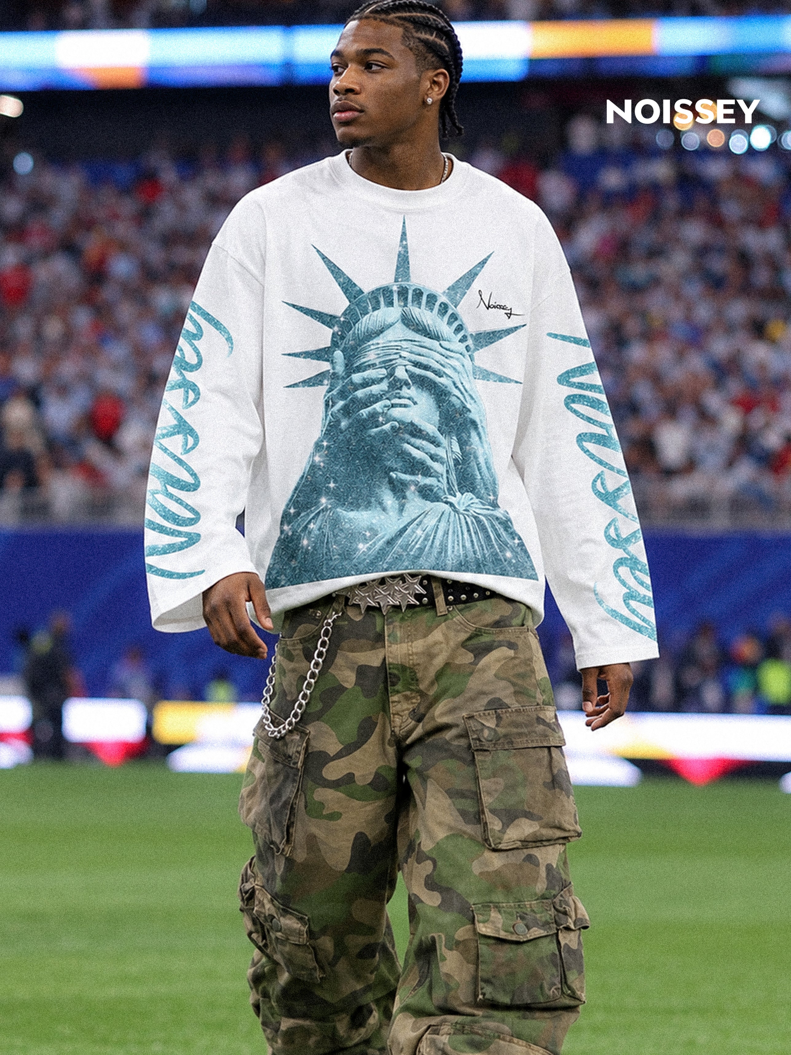 NOISSEY „Liberty Blinded“ – türkisfarbenes Diamant-Glitzermotiv auf Sweatshirt mit langen Ärmeln