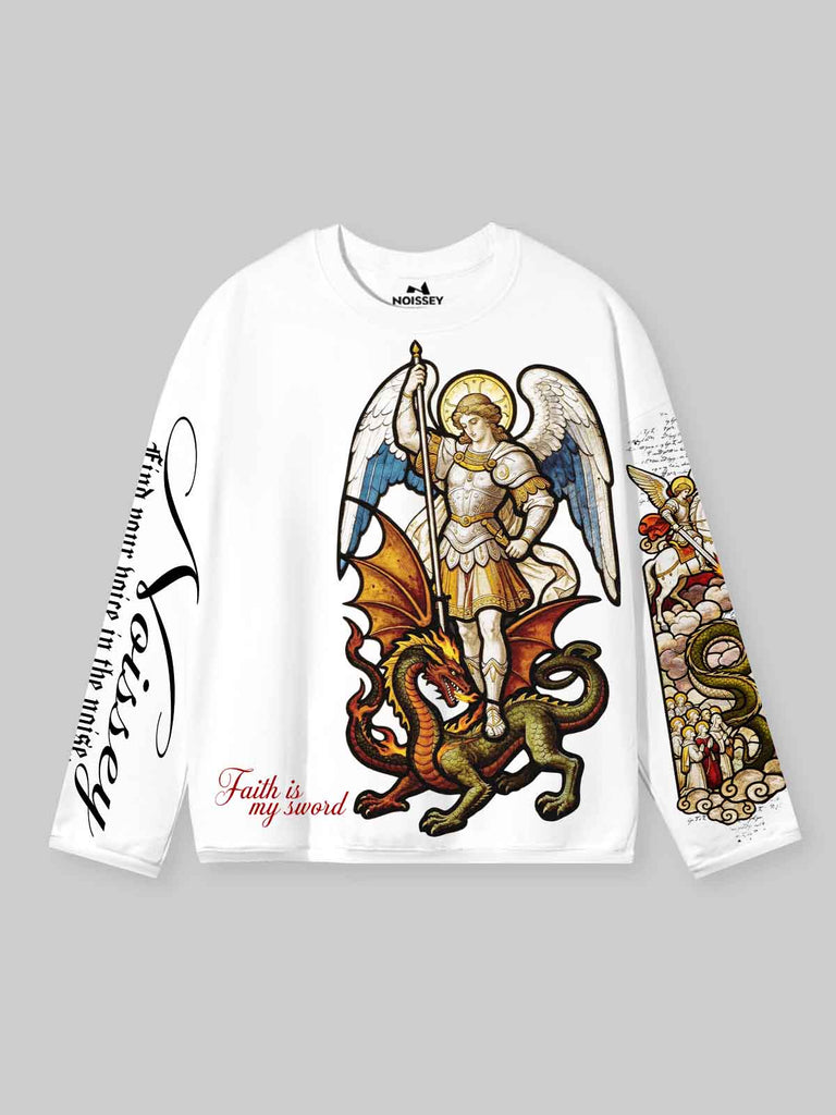 NOISSEY Saint Michael Long-Sleeve | White Gothic Stained Glass Tee