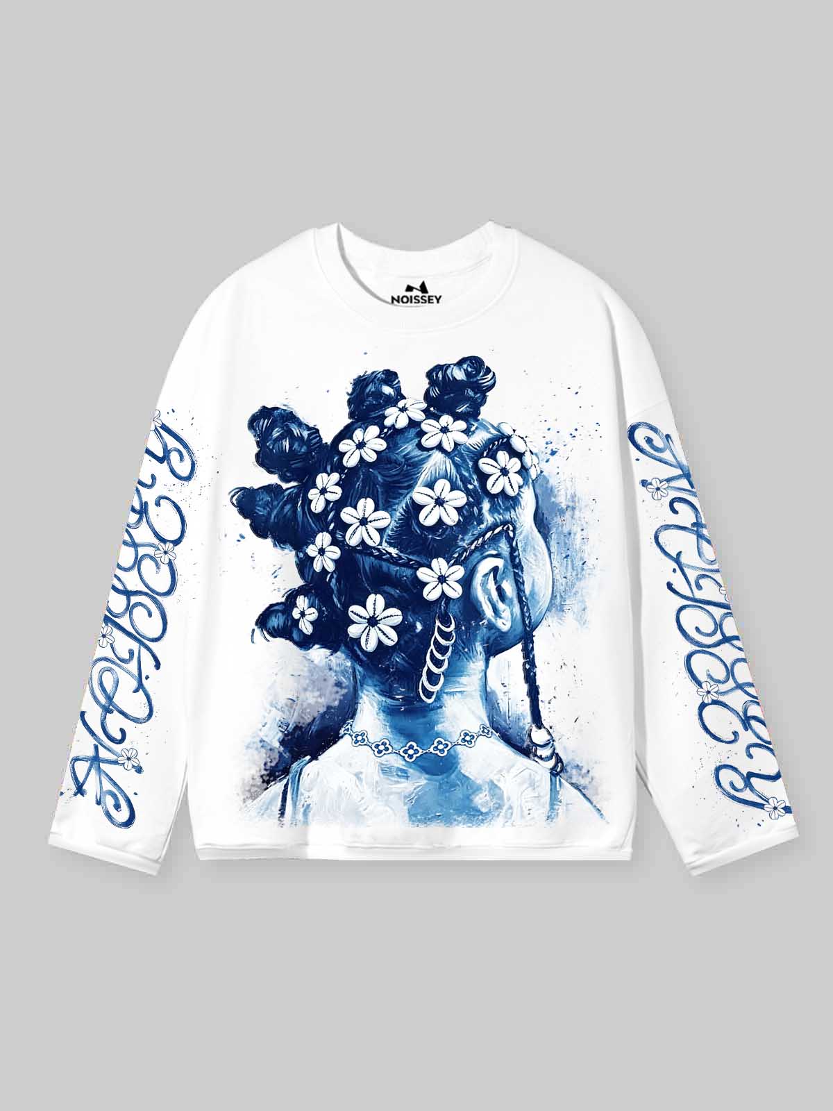 NOISSEY "Vintage Blue" Braided Girl Portrait Long Sleeve Sweatshirt - Off-White