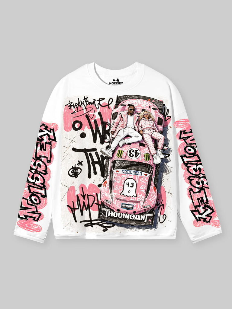 NOISSEY Pink Racing Graffiti Long Sleeve | 250G White Boxy