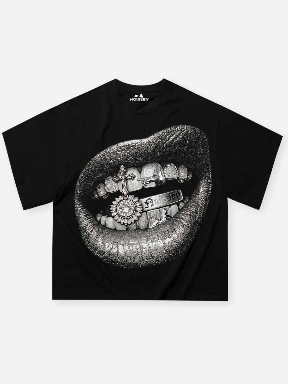 NOISSEY "Silver Grillz Lips" Black Tee - DIY Combo T-Shirt