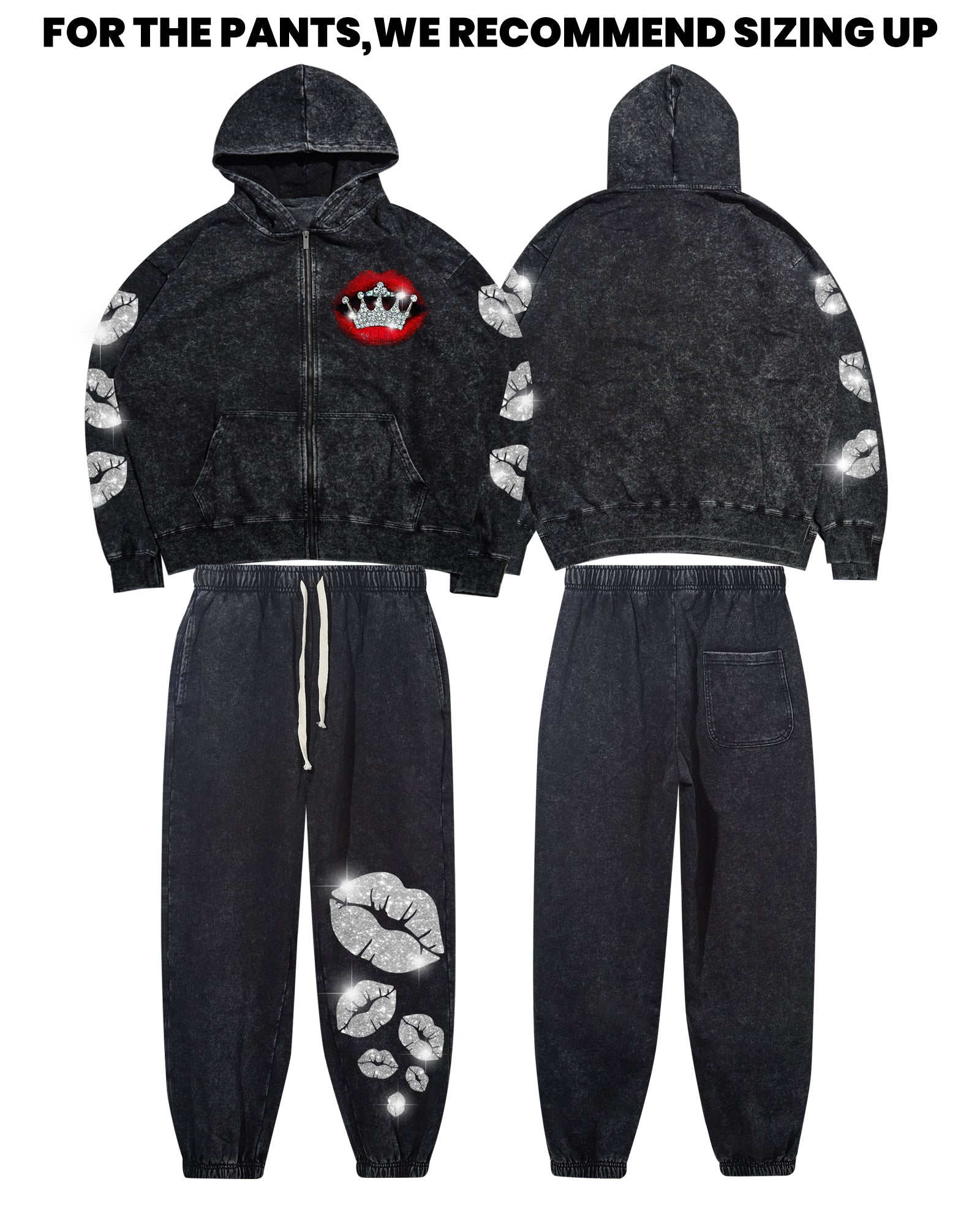 Glittering Lip Print 370g Black Wash Pants