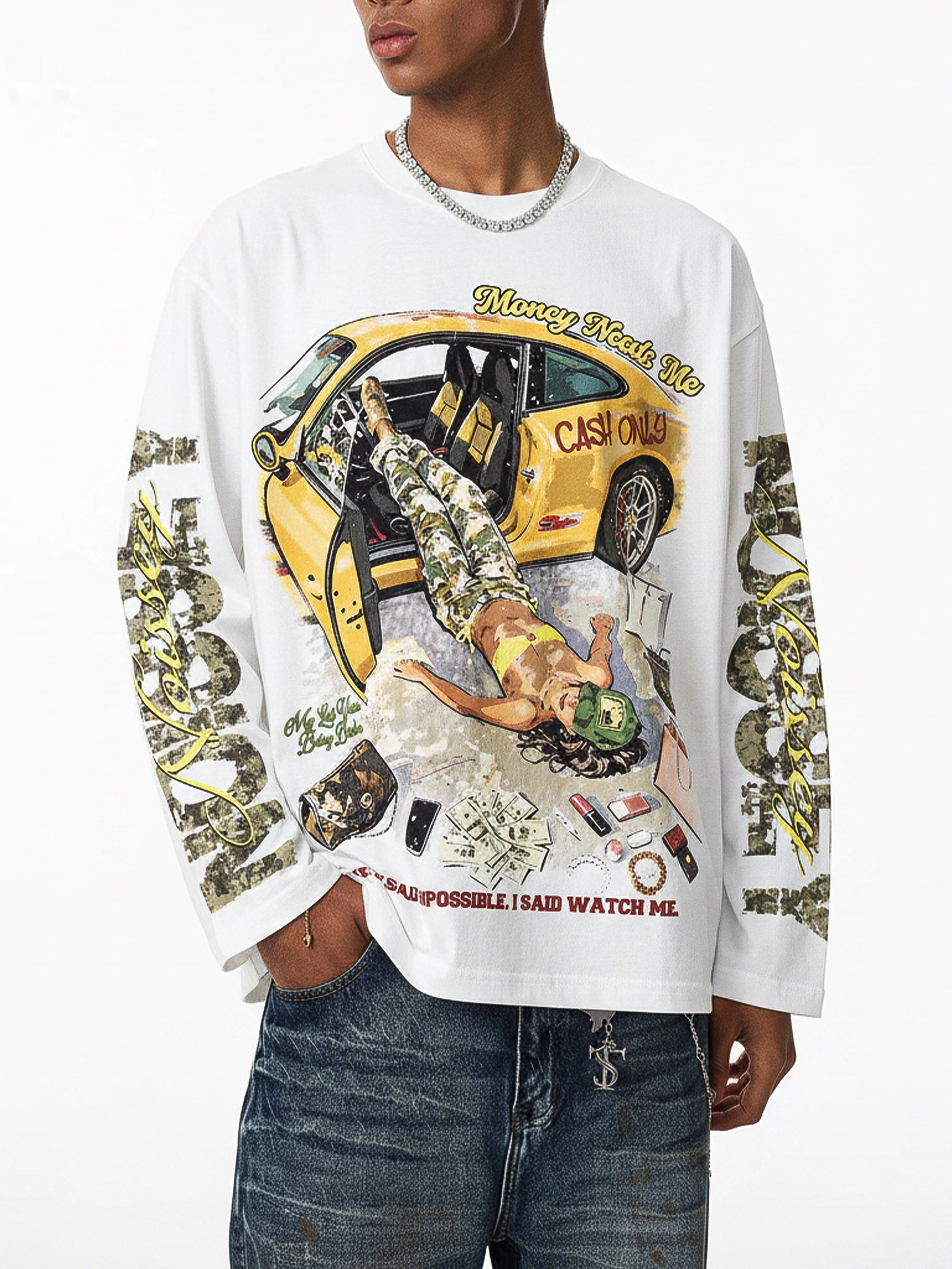 NOISSEY "Money Needs Me" Boxy Heavyweight Camo Art Long Sleeve - Cloud White