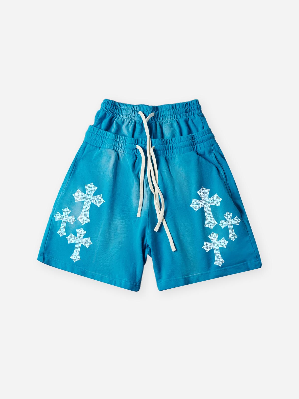 NOISSEY Rhinestone Gothic Cross Heavy Sweat Shorts - 4 Colors Available