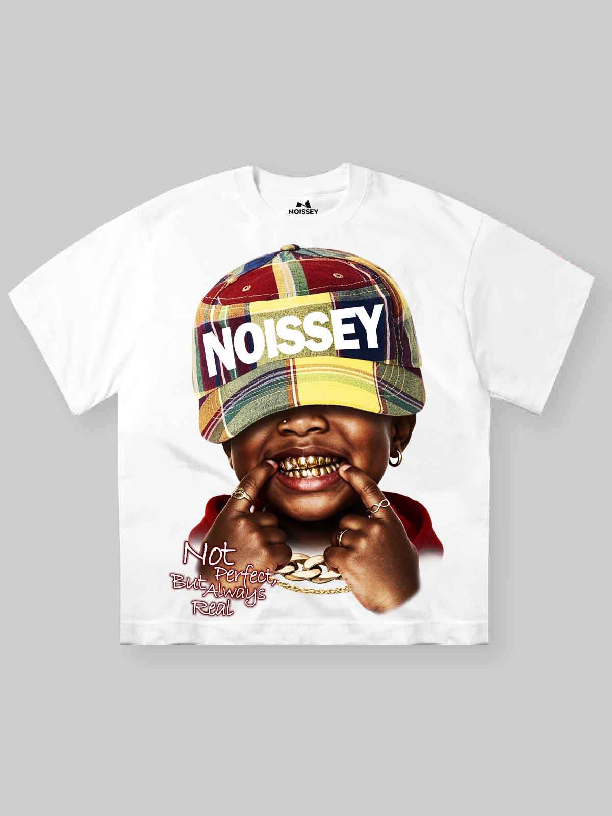 NOISSEY Always Real Plaid Cap Kid Graphic Boxy Tee - Streetwear T-Shirt