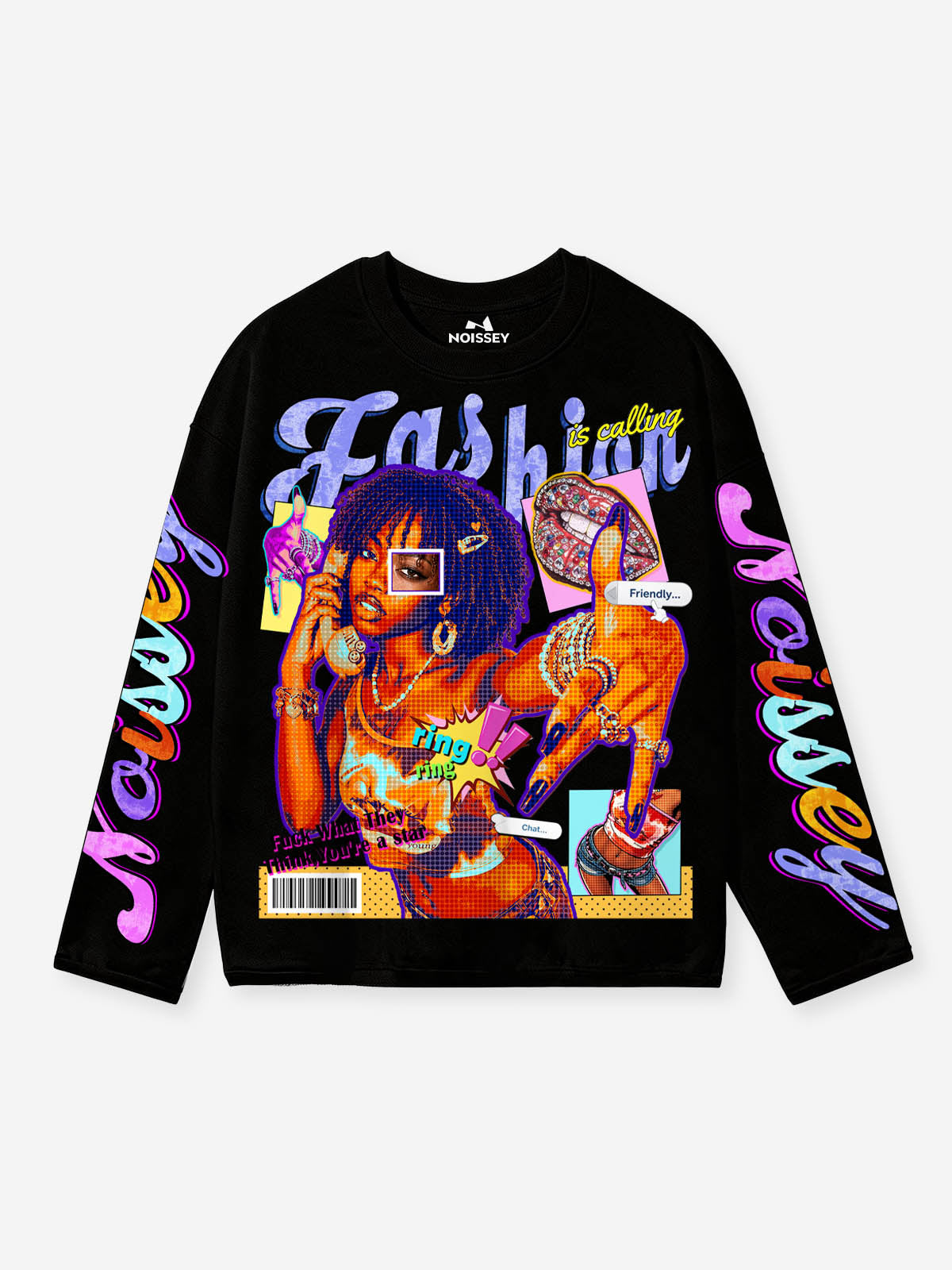 NOISSEY Y2K Pop Art Collage Graphic Long Sleeve Sweatshirt - Black Streetwear Pullover