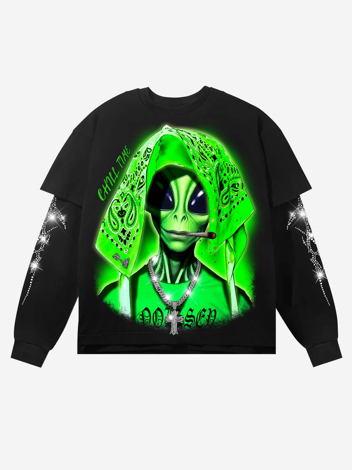 Alien Wearing a Green Paisley Headscarf True Two-Piece Diamond Long-Sleeve