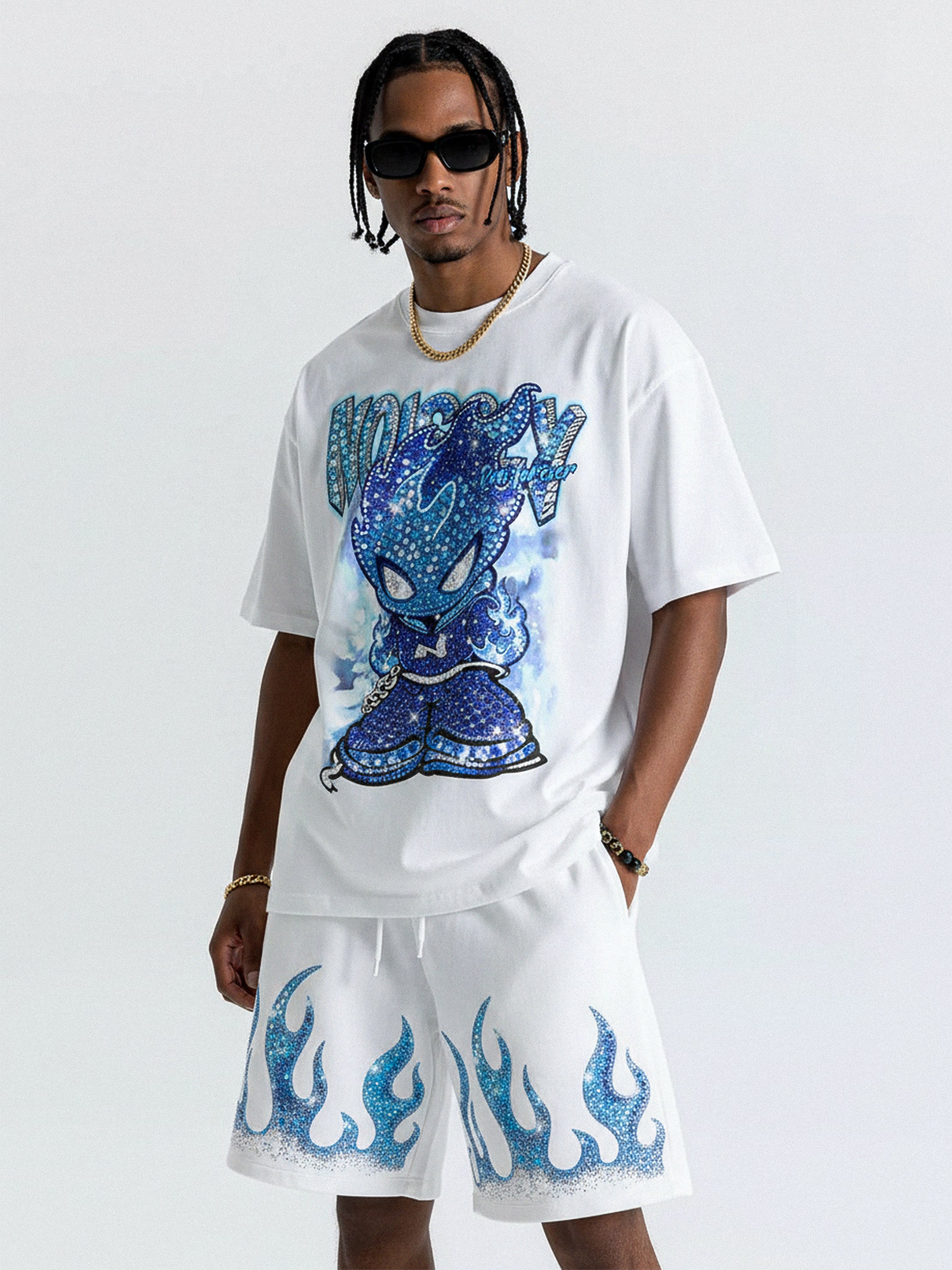 NOISSEY "ICE FLAME" CRYSTAL BLUE ARTWORK RELAXED SHORTS