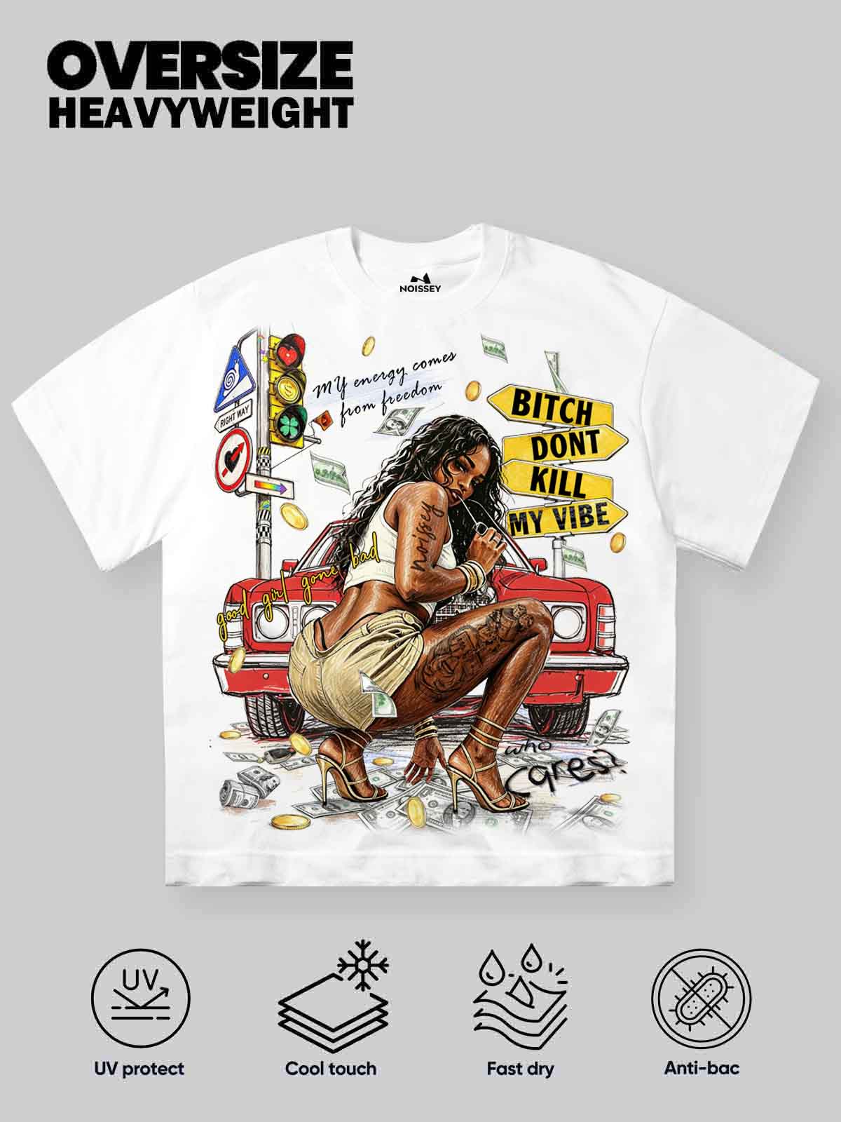 NOISSEY Vintage Red Car &amp; Tattooed Girl Graphic T-Shirt - White Oversized Streetwear Tee