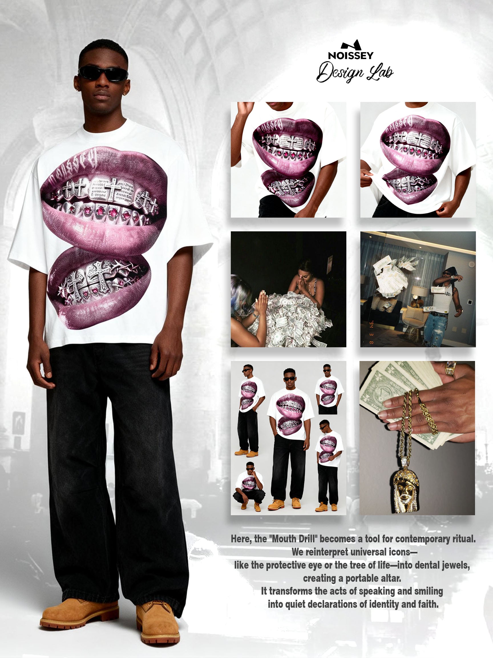 Metal Cross Diamond Grillz Print Boxy Oversized T-shirt