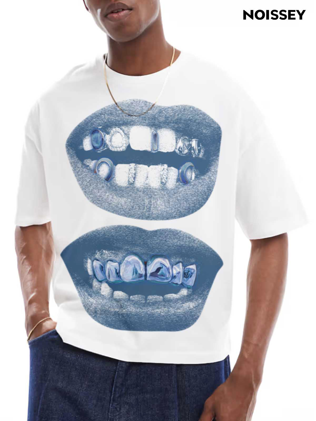 Boxy oversized T-shirt Retro Blue Lips Grills Print
