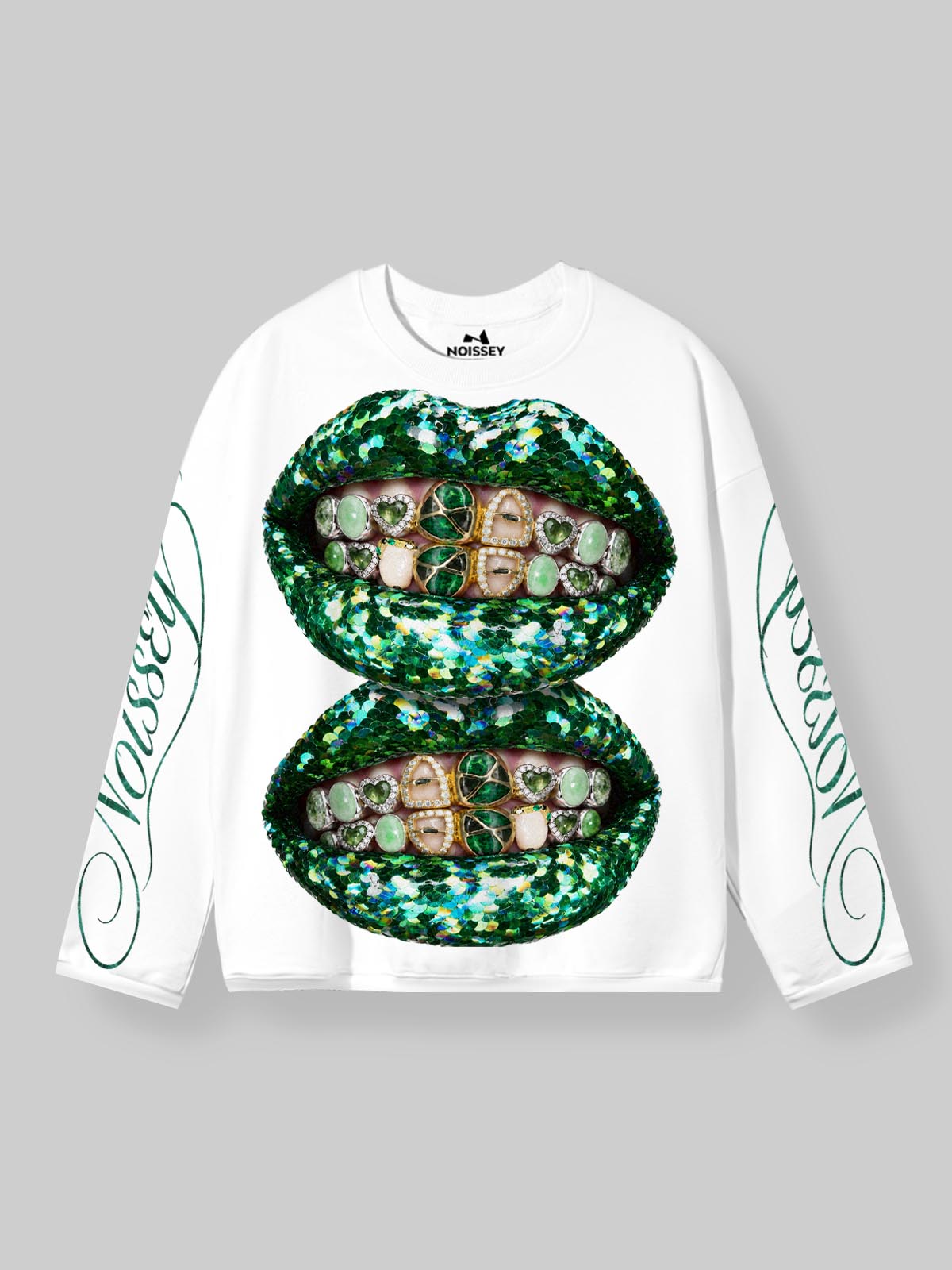 NOISSEY Double Green Glitter Lips Marble Grillz White Long Sleeve Shirt