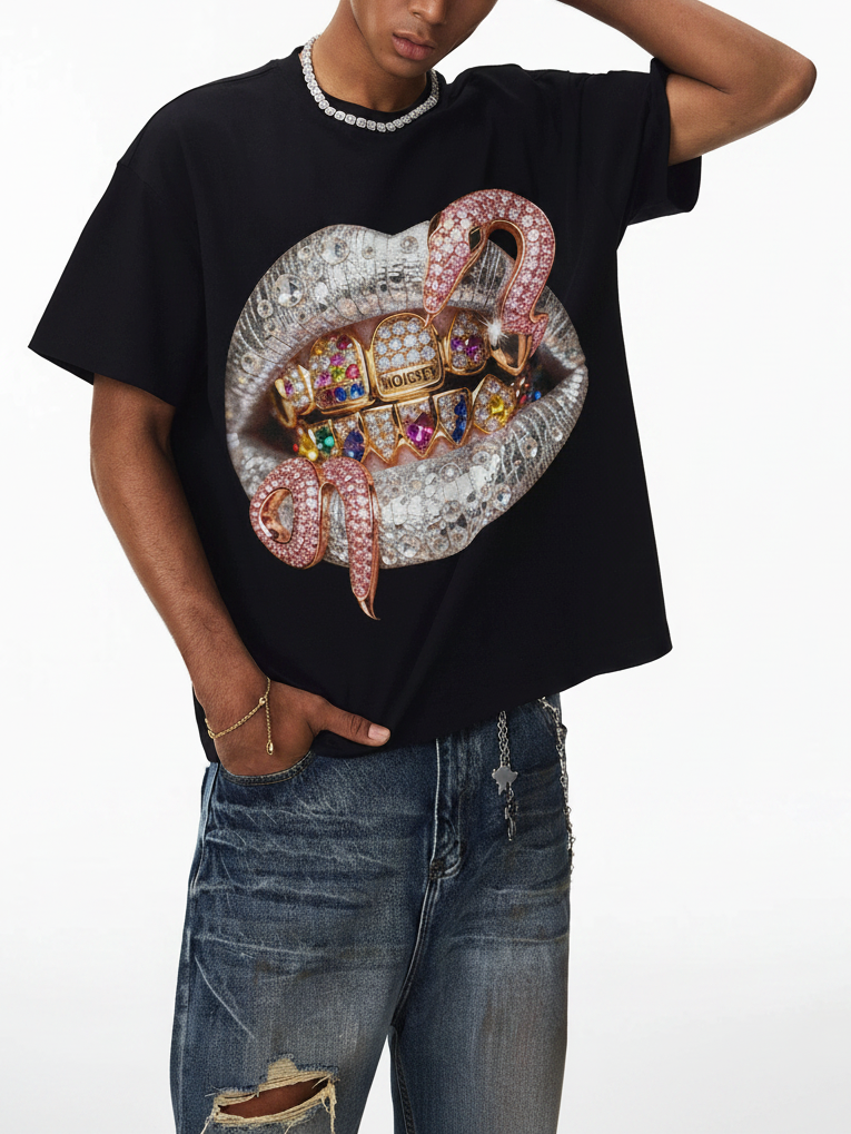 NOISSEY "Pink Snake" Black Tee - Boxy Lips Graphic T-Shirt