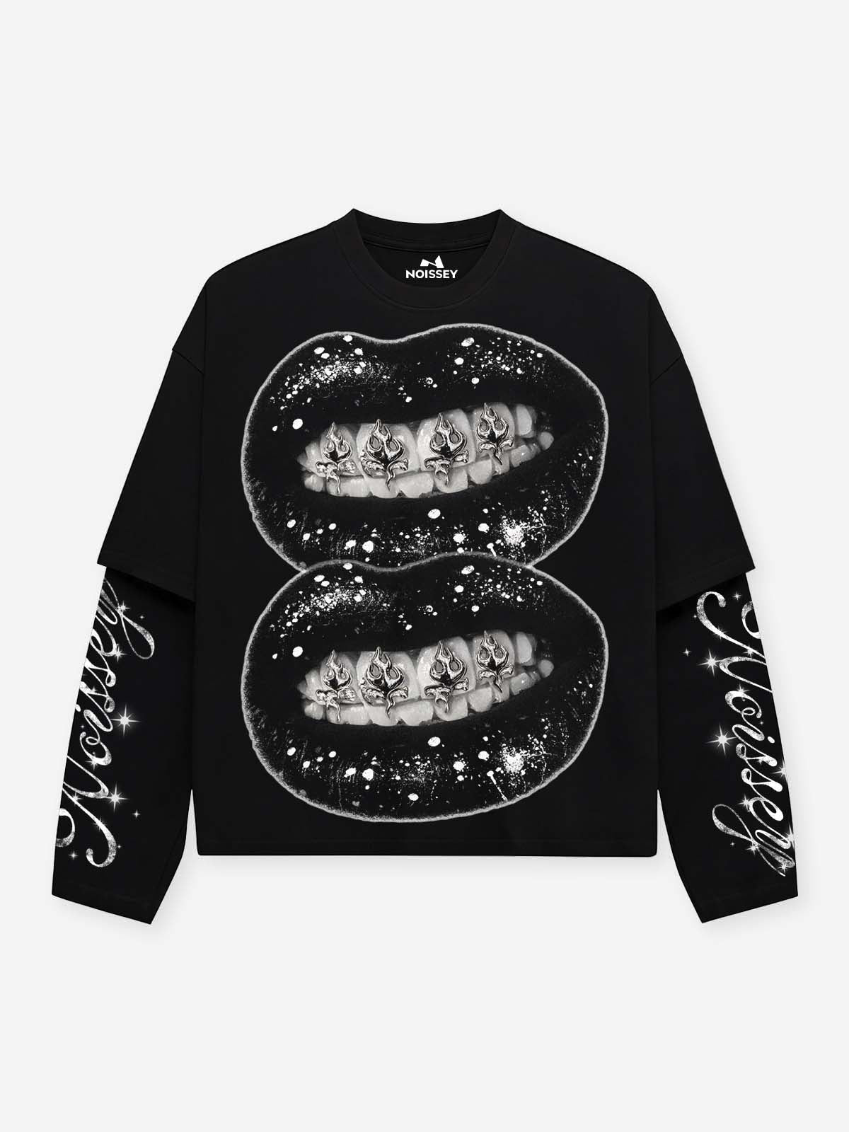 NOISSEY Double Black Lips Flame Grillz Faux Two-Piece Sweatshirt - Black Gothic Streetwear Crewneck