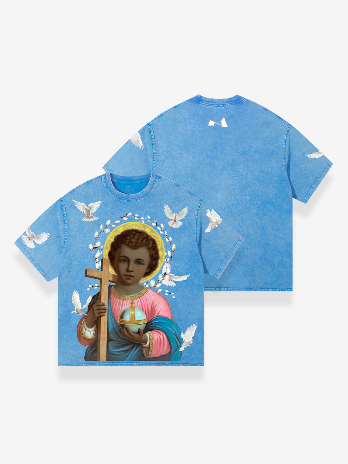 OBSTACLES &amp; DANGERS© Schwarzes himmelblaues T-Shirt „Heiliges Jesuskind“.