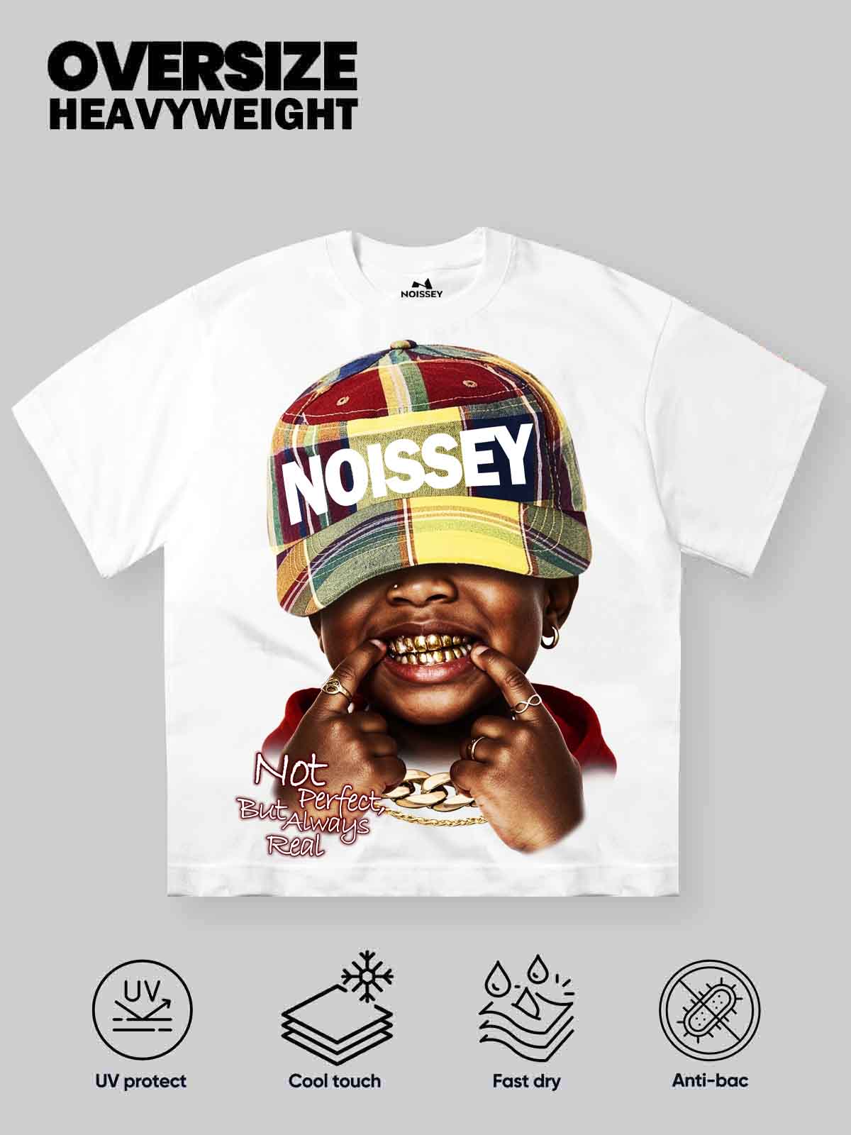 NOISSEY Always Real Plaid Cap Kid Graphic Boxy Tee - Streetwear T-Shirt