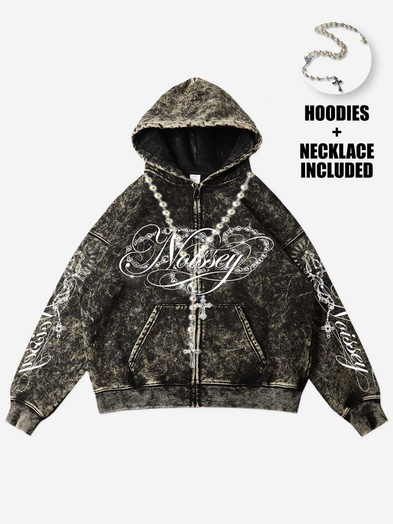 NOISSEY Washed Black Pearl Necklace Accessory Cross Printed Zip Hoodie