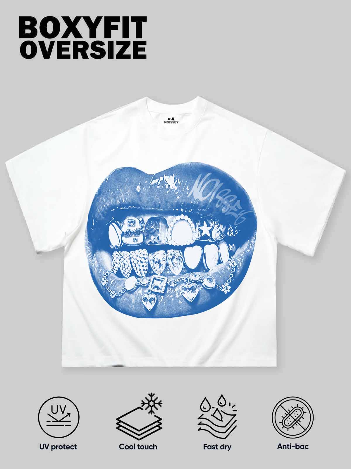 NOISSEY Blue Iced-Out Grillz Lips Graphic T-Shirt - White Boxy  Streetwear Tee