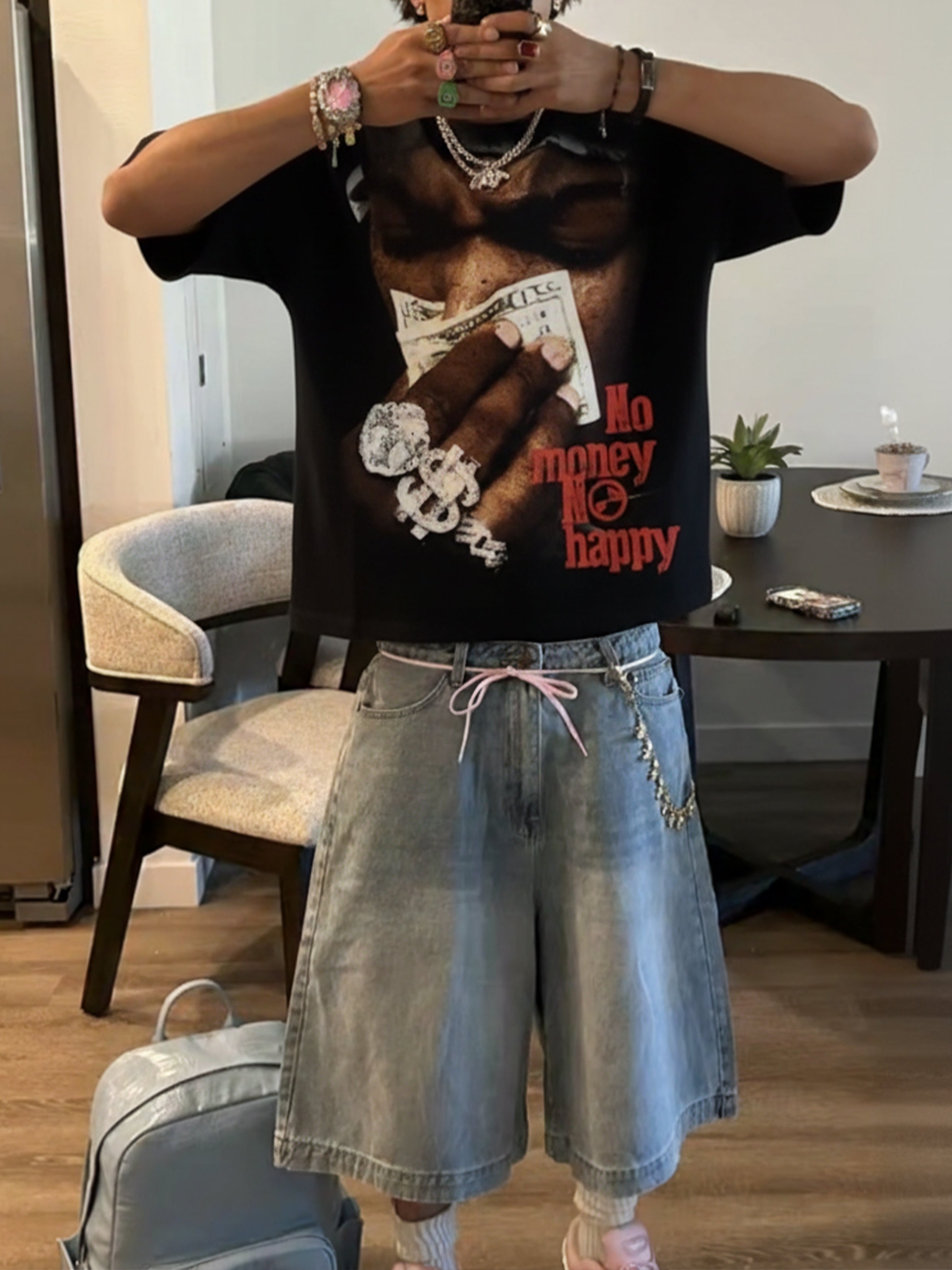 NOISSEY "No Money No Happy" Vintage Rap Portrait Graphic T-Shirt - Onyx Black