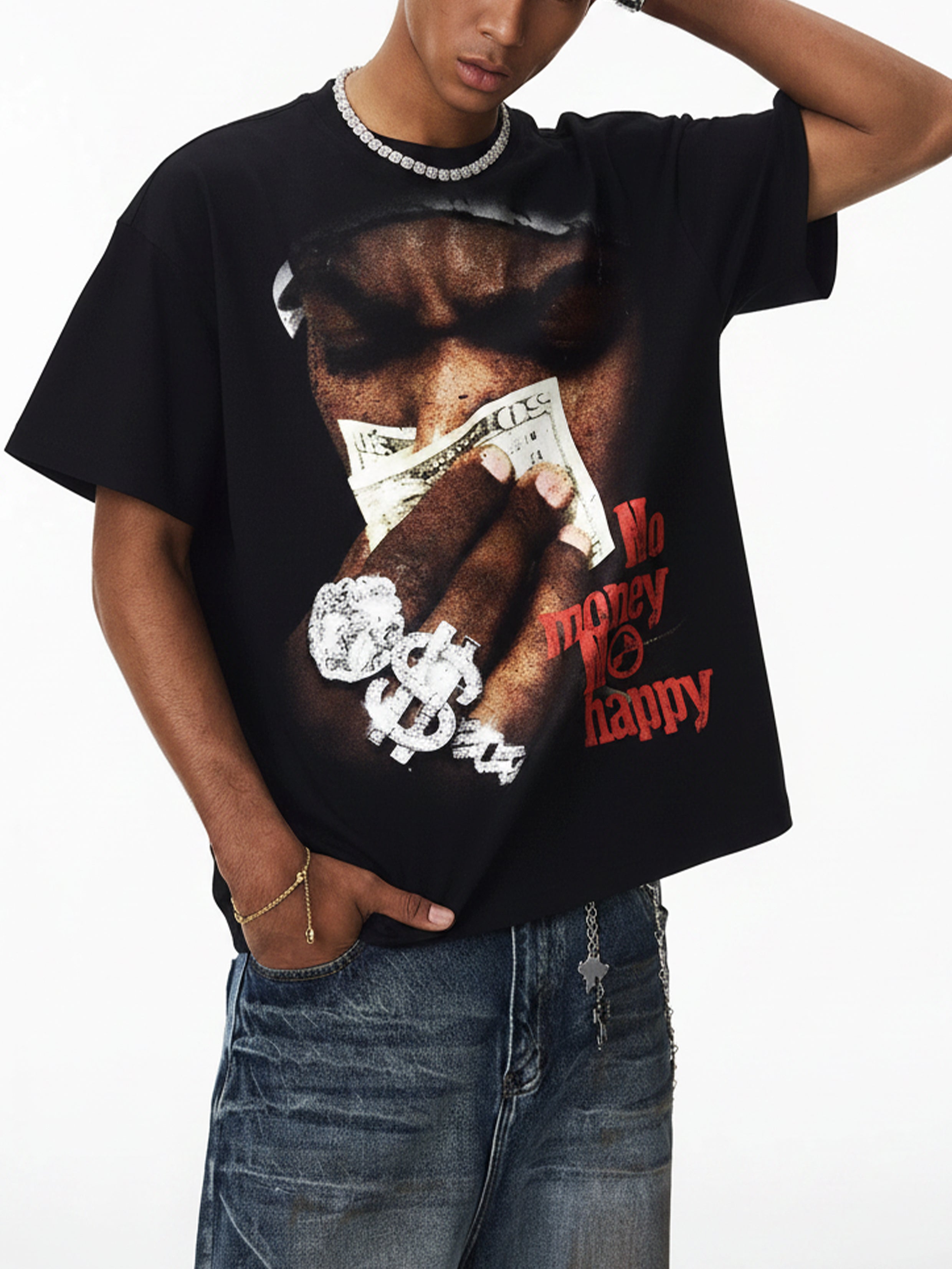 NOISSEY "No Money No Happy" Vintage Rap Portrait Graphic T-Shirt - Onyx Black