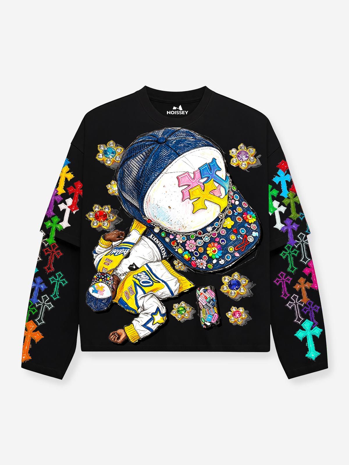 NOISSEY Hip-Hop Trucker Hat Graphic Heavyweight Faux Two-Piece Crewneck Long Sleeves Black